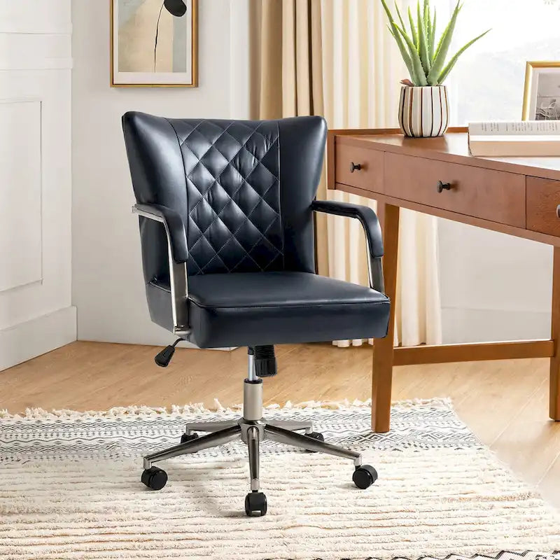 Sedia da ufficio girevole in pelle trapuntata, regolabile in altezza, sedile singolo – Nera / Blu scuro / Grigia / Marrone / Salvia / Cammello