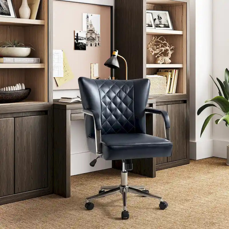 Sedia da ufficio girevole in pelle trapuntata, regolabile in altezza, sedile singolo – Nera / Blu scuro / Grigia / Marrone / Salvia / Cammello