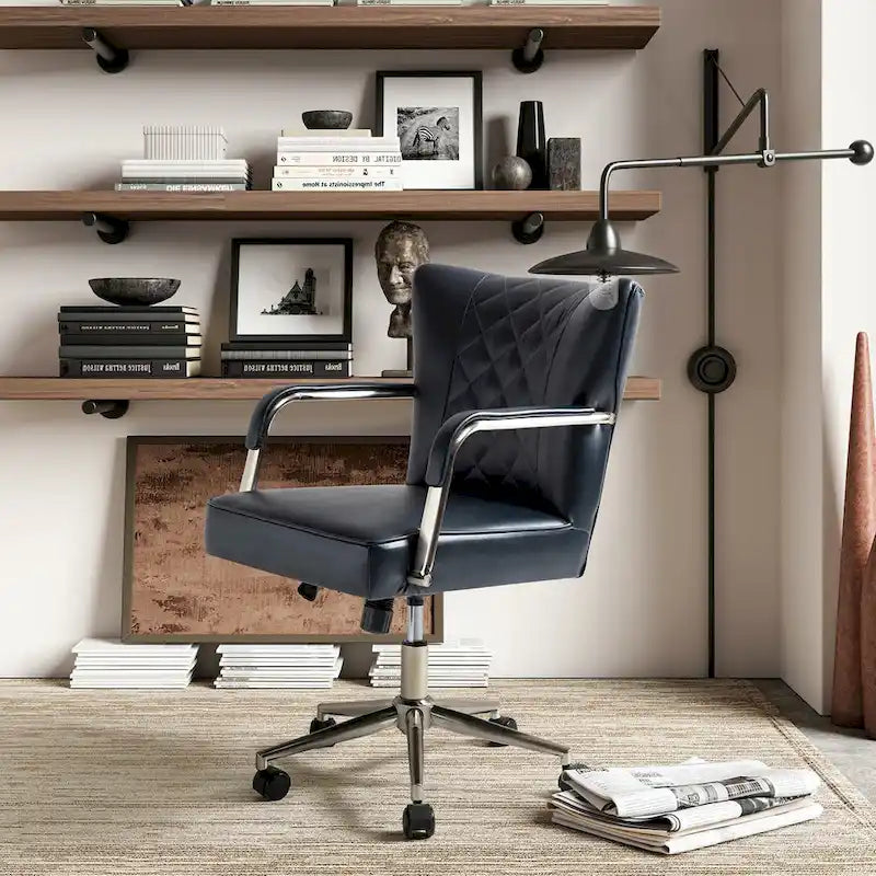 Sedia da ufficio girevole in pelle trapuntata, regolabile in altezza, sedile singolo – Nera / Blu scuro / Grigia / Marrone / Salvia / Cammello