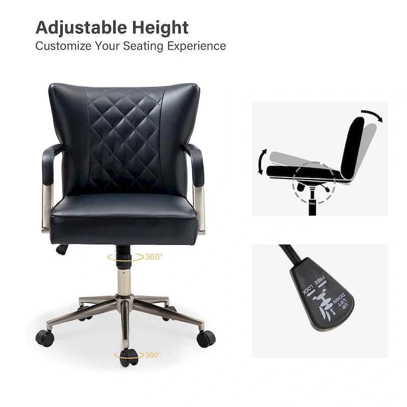 Sedia da ufficio girevole in pelle trapuntata, regolabile in altezza, sedile singolo – Nera / Blu scuro / Grigia / Marrone / Salvia / Cammello