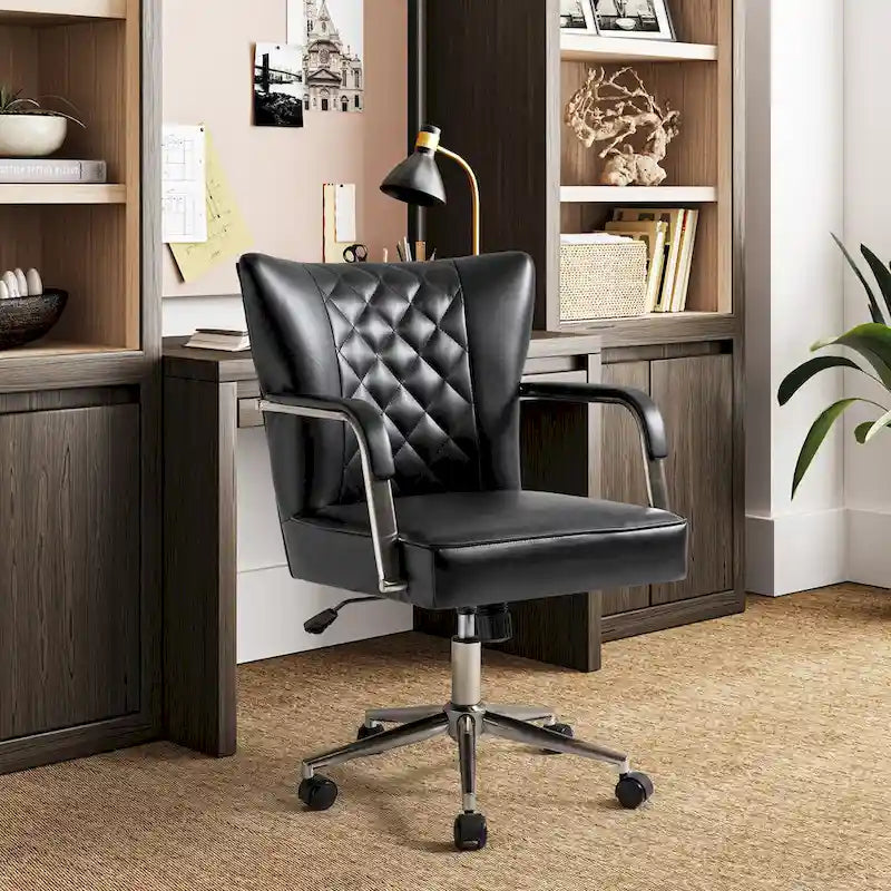 Sedia da ufficio girevole in pelle trapuntata, regolabile in altezza, sedile singolo – Nera / Blu scuro / Grigia / Marrone / Salvia / Cammello
