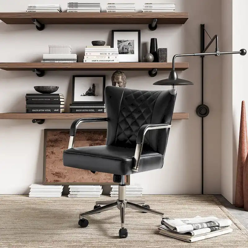 Sedia da ufficio girevole in pelle trapuntata, regolabile in altezza, sedile singolo – Nera / Blu scuro / Grigia / Marrone / Salvia / Cammello