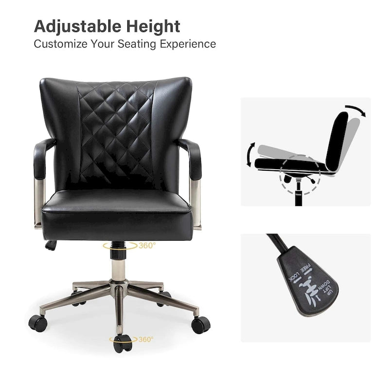 Sedia da ufficio girevole in pelle trapuntata, regolabile in altezza, sedile singolo – Nera / Blu scuro / Grigia / Marrone / Salvia / Cammello
