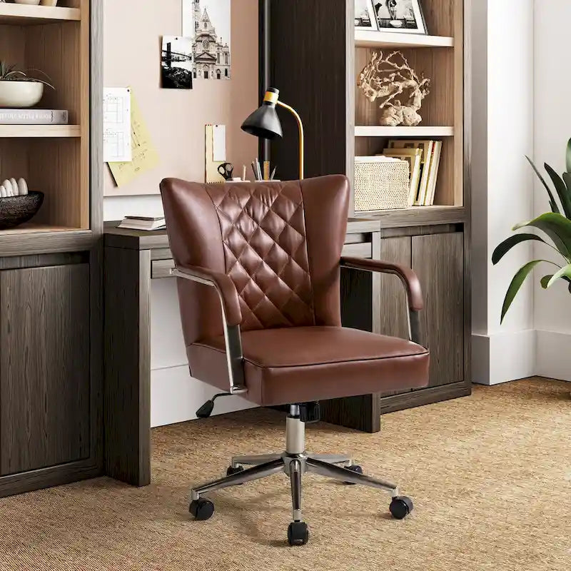 Sedia da ufficio girevole in pelle trapuntata, regolabile in altezza, sedile singolo – Nera / Blu scuro / Grigia / Marrone / Salvia / Cammello