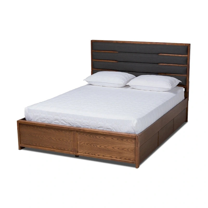 Letto contenitore a piattaforma grigio scuro e noce con testiera imbottita – Queen/King