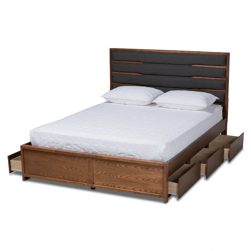 Letto contenitore a piattaforma grigio scuro e noce con testiera imbottita – Queen/King