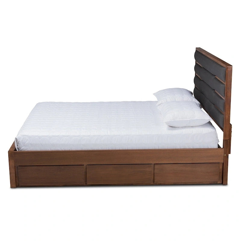 Letto contenitore a piattaforma grigio scuro e noce con testiera imbottita – Queen/King