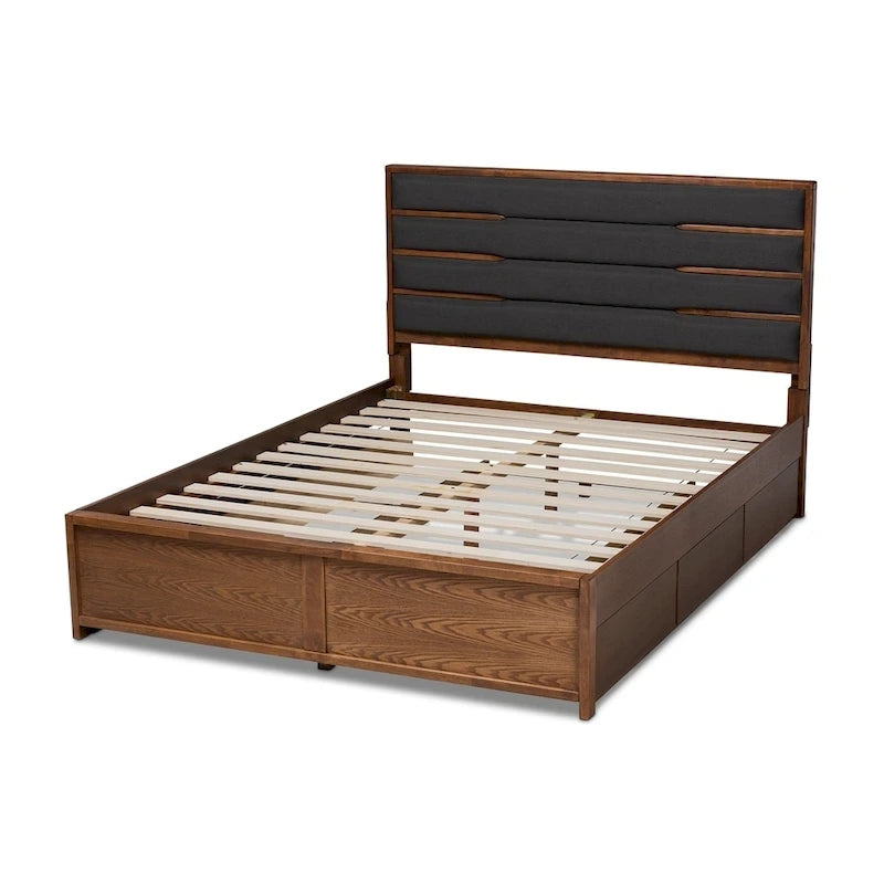 Letto contenitore a piattaforma grigio scuro e noce con testiera imbottita – Queen/King