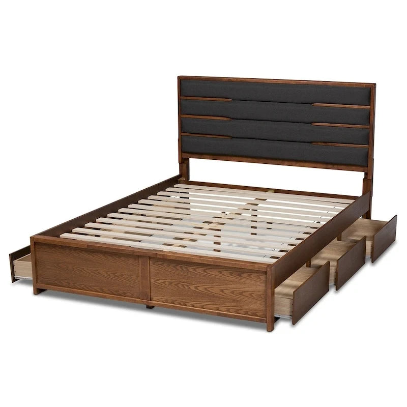 Letto contenitore a piattaforma grigio scuro e noce con testiera imbottita – Queen/King