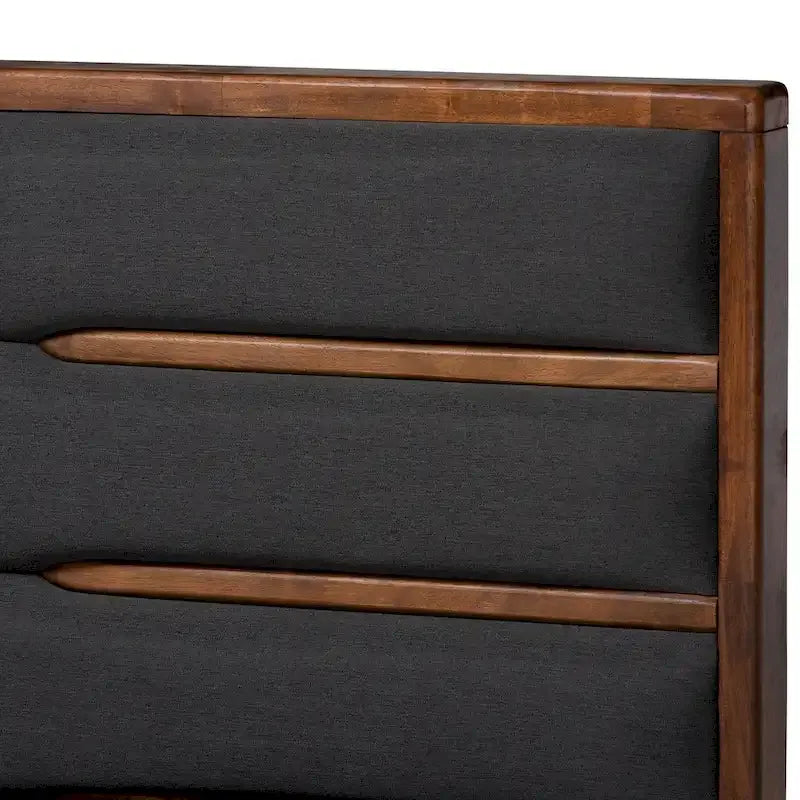 Letto contenitore a piattaforma grigio scuro e noce con testiera imbottita – Queen/King