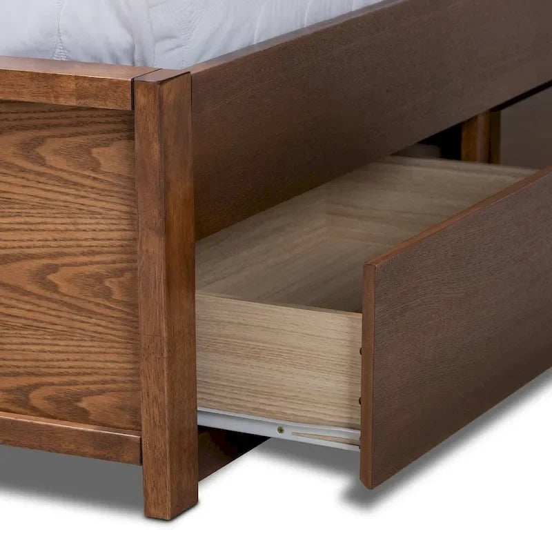 Letto contenitore a piattaforma grigio scuro e noce con testiera imbottita – Queen/King