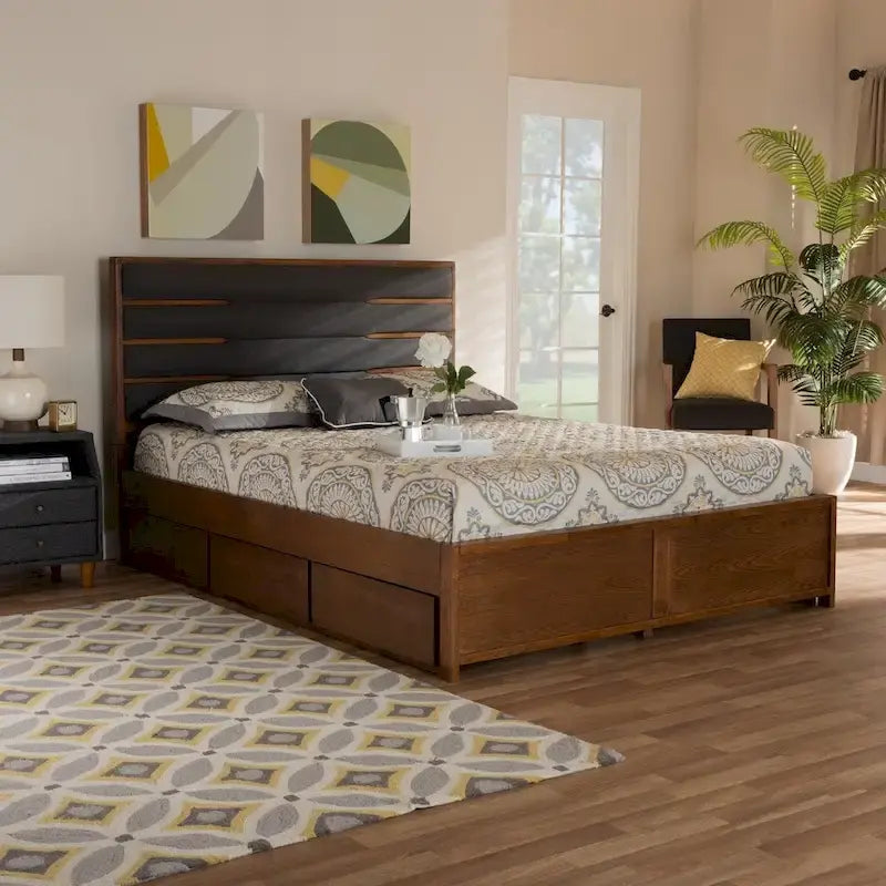 Letto contenitore a piattaforma grigio scuro e noce con testiera imbottita – Queen/King