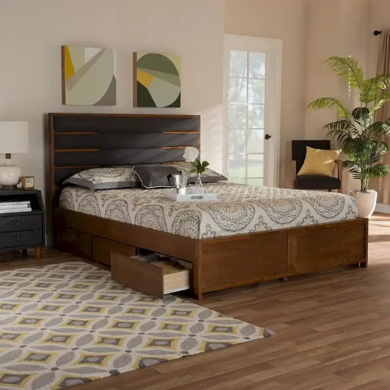 Letto contenitore a piattaforma grigio scuro e noce con testiera imbottita – Queen/King