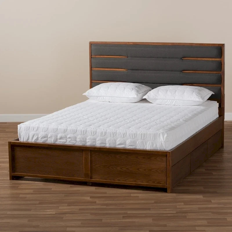 Letto contenitore a piattaforma grigio scuro e noce con testiera imbottita – Queen/King