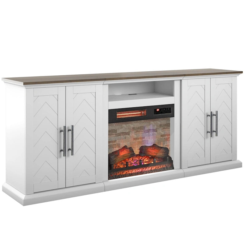 Mobile porta TV in bianco brillante e noce/grigio anticato con caminetto elettrico – Adatto a TV fino a 80", con spazio per due persone