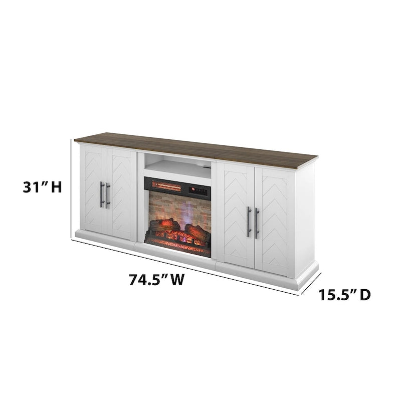 Mobile porta TV in bianco brillante e noce/grigio anticato con caminetto elettrico – Adatto a TV fino a 80", con spazio per due persone