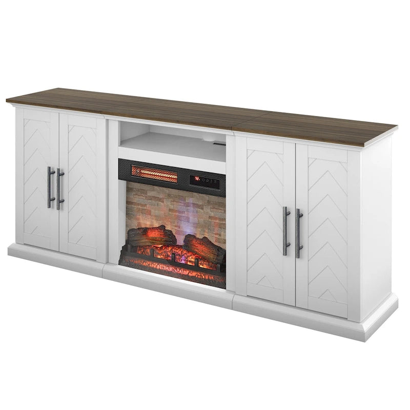 Mobile porta TV in bianco brillante e noce/grigio anticato con caminetto elettrico – Adatto a TV fino a 80", con spazio per due persone