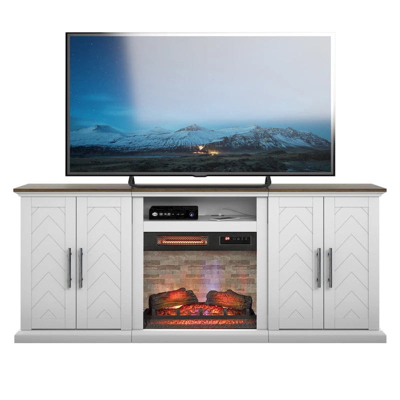 Mobile porta TV in bianco brillante e noce/grigio anticato con caminetto elettrico – Adatto a TV fino a 80", con spazio per due persone