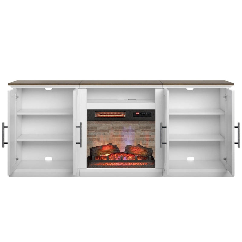 Mobile porta TV in bianco brillante e noce/grigio anticato con caminetto elettrico – Adatto a TV fino a 80", con spazio per due persone