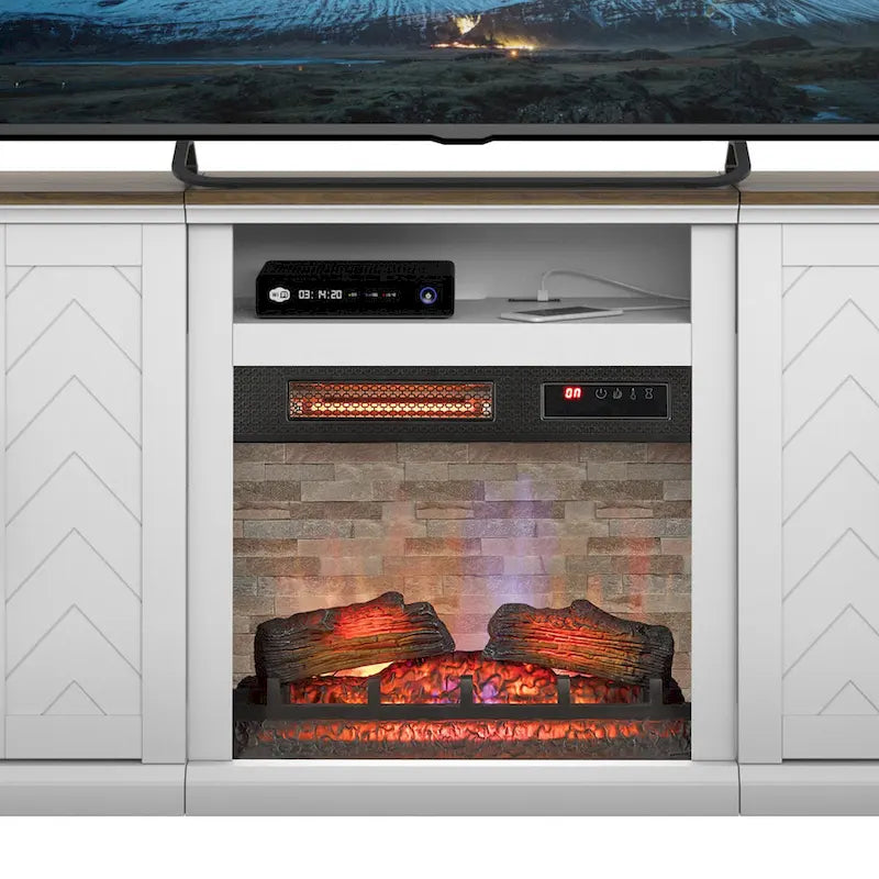 Mobile porta TV in bianco brillante e noce/grigio anticato con caminetto elettrico – Adatto a TV fino a 80", con spazio per due persone