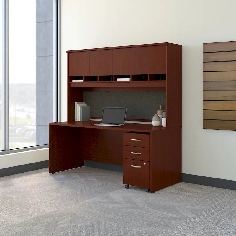 Set Scrivania da Ufficio 1 Persona in Mogano/Ciliegio/Grigio, 183 cm, con Credenza Superiore e Cassettiera per Archivio