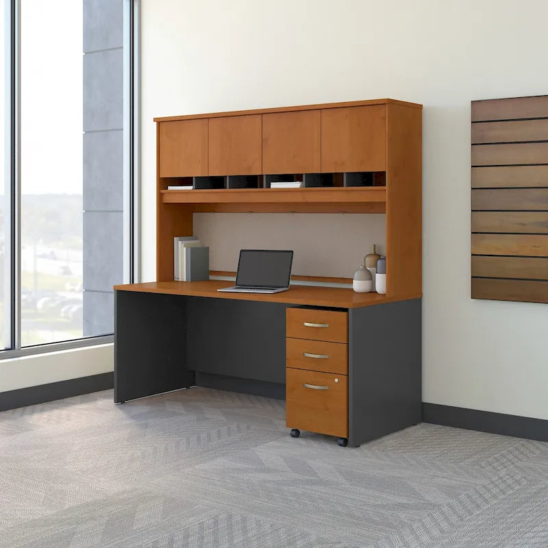 Set Scrivania da Ufficio 1 Persona in Mogano/Ciliegio/Grigio, 183 cm, con Credenza Superiore e Cassettiera per Archivio