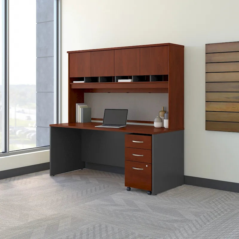 Set Scrivania da Ufficio 1 Persona in Mogano/Ciliegio/Grigio, 183 cm, con Credenza Superiore e Cassettiera per Archivio