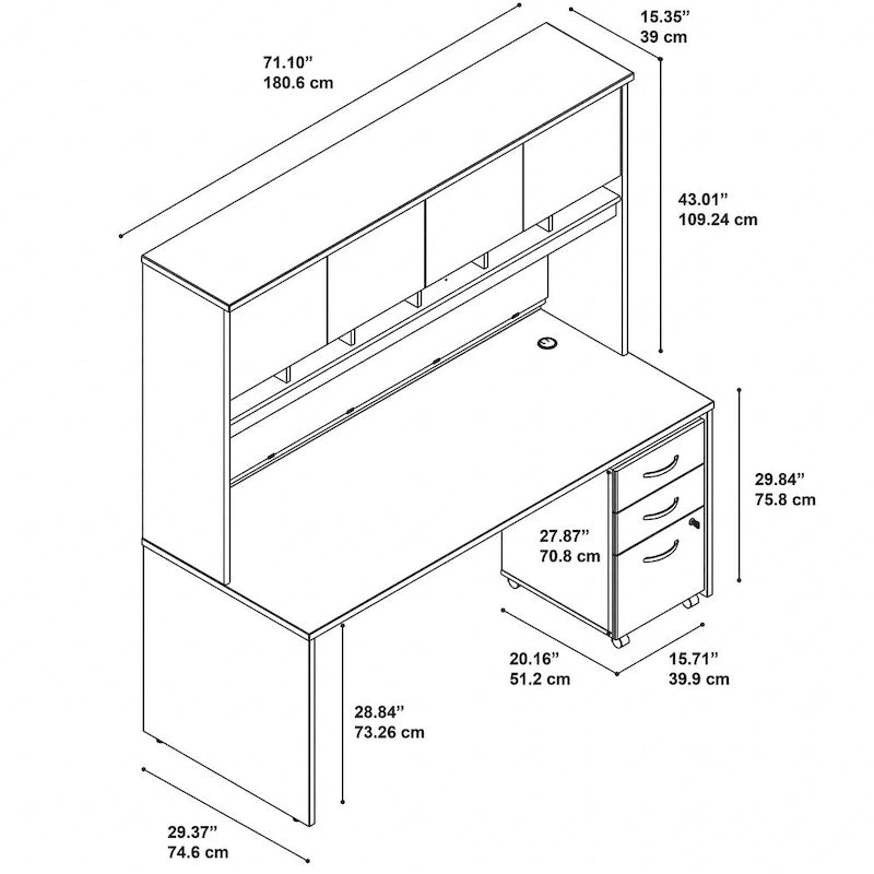 Set Scrivania da Ufficio 1 Persona in Mogano/Ciliegio/Grigio, 183 cm, con Credenza Superiore e Cassettiera per Archivio