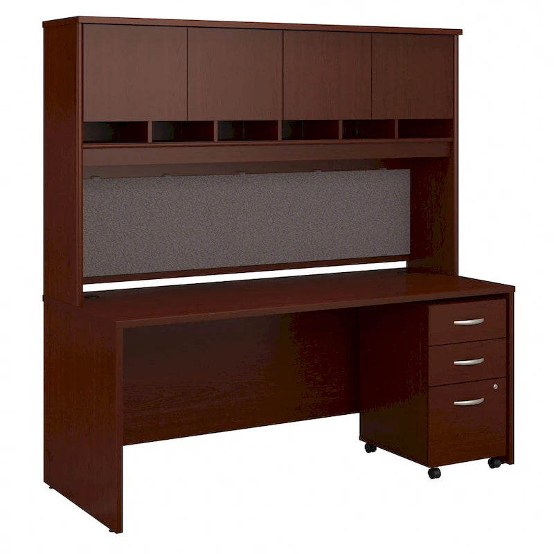 Set Scrivania da Ufficio 1 Persona in Mogano/Ciliegio/Grigio, 183 cm, con Credenza Superiore e Cassettiera per Archivio