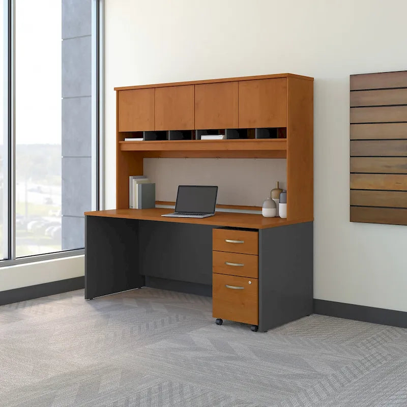 Set Scrivania da Ufficio 1 Persona in Mogano/Ciliegio/Grigio, 183 cm, con Credenza Superiore e Cassettiera per Archivio