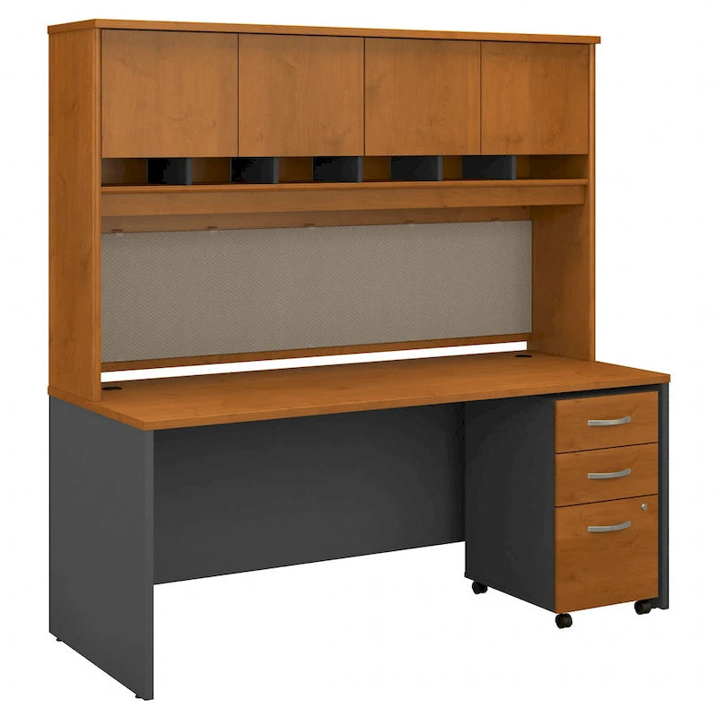 Set Scrivania da Ufficio 1 Persona in Mogano/Ciliegio/Grigio, 183 cm, con Credenza Superiore e Cassettiera per Archivio
