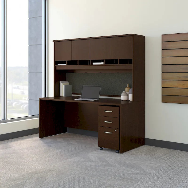 Set Scrivania da Ufficio 1 Persona in Mogano/Ciliegio/Grigio, 183 cm, con Credenza Superiore e Cassettiera per Archivio