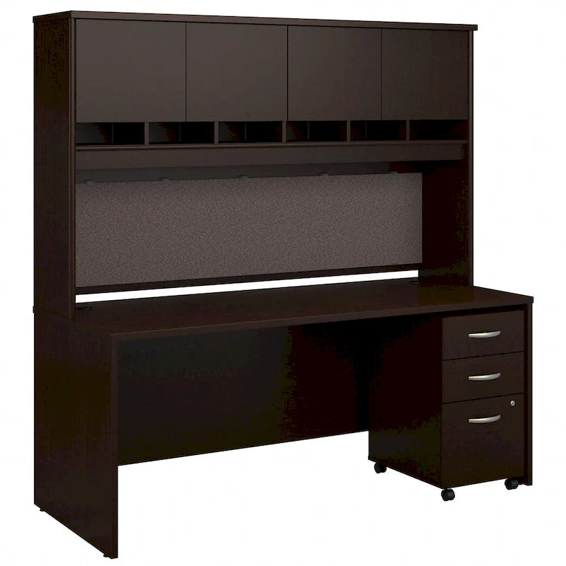 Set Scrivania da Ufficio 1 Persona in Mogano/Ciliegio/Grigio, 183 cm, con Credenza Superiore e Cassettiera per Archivio