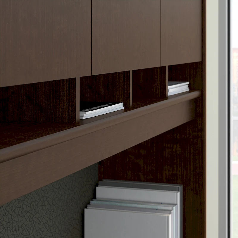Set Scrivania da Ufficio 1 Persona in Mogano/Ciliegio/Grigio, 183 cm, con Credenza Superiore e Cassettiera per Archivio