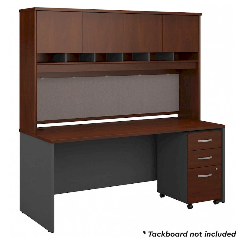Set Scrivania da Ufficio 1 Persona in Mogano/Ciliegio/Grigio, 183 cm, con Credenza Superiore e Cassettiera per Archivio