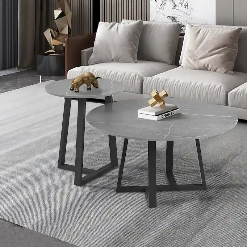 Tavolini rotondi a incastro grigi e neri, moderni e minimalisti, set da 2