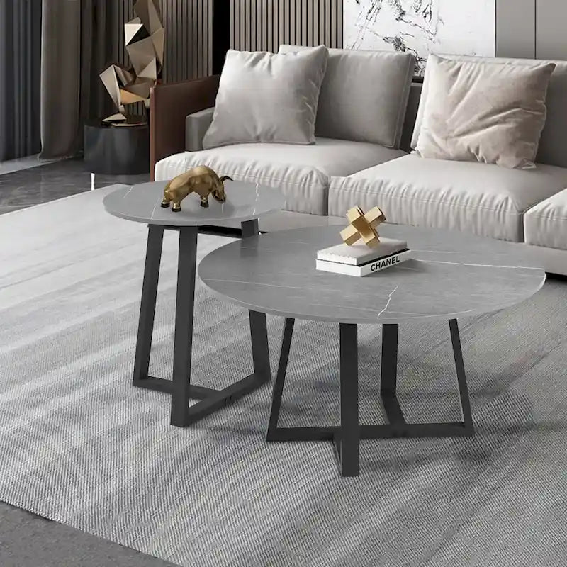 Tavolini rotondi a incastro grigi e neri, moderni e minimalisti, set da 2