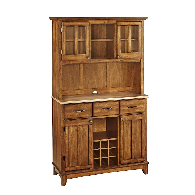Credenza in Legno Marrone con Alzata – 2 Ante, 3 Cassetti, Vano Vino da 9 Bottiglie