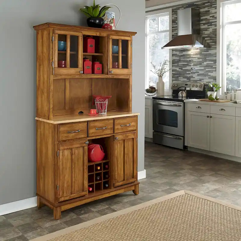 Credenza in Legno Marrone con Alzata – 2 Ante, 3 Cassetti, Vano Vino da 9 Bottiglie