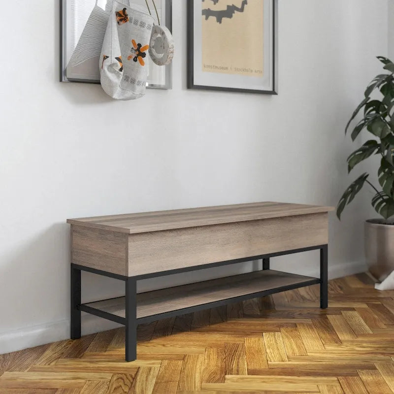 Panca contenitore con piano sollevabile – Noce / Rovere rustico / Grigio, stile rustico, 2 posti