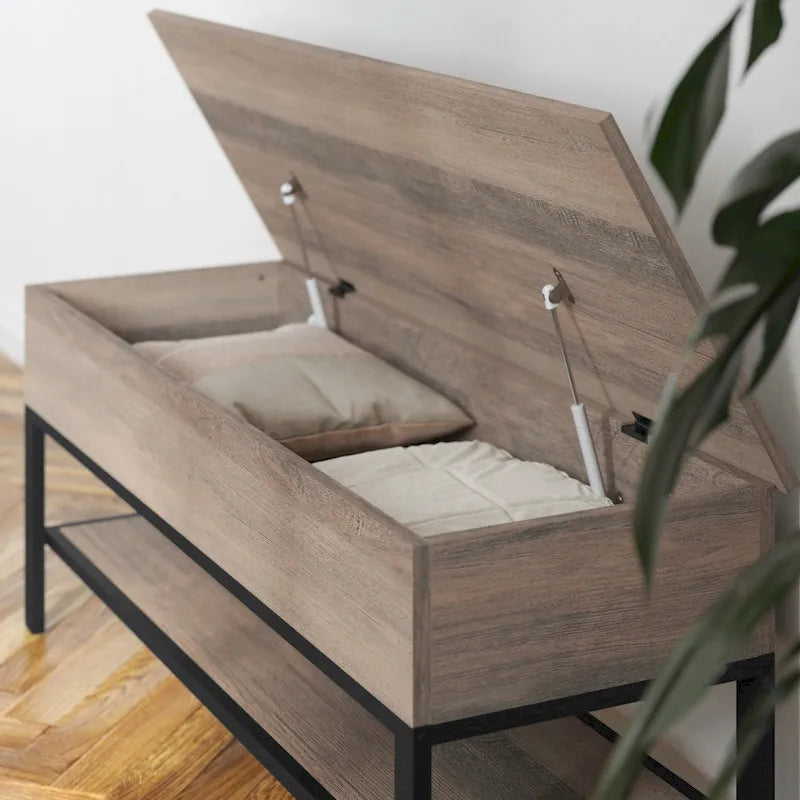 Panca contenitore con piano sollevabile – Noce / Rovere rustico / Grigio, stile rustico, 2 posti