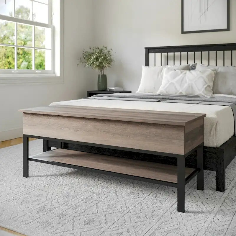 Panca contenitore con piano sollevabile – Noce / Rovere rustico / Grigio, stile rustico, 2 posti