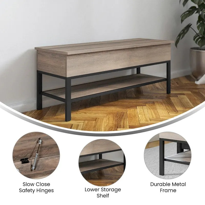 Panca contenitore con piano sollevabile – Noce / Rovere rustico / Grigio, stile rustico, 2 posti