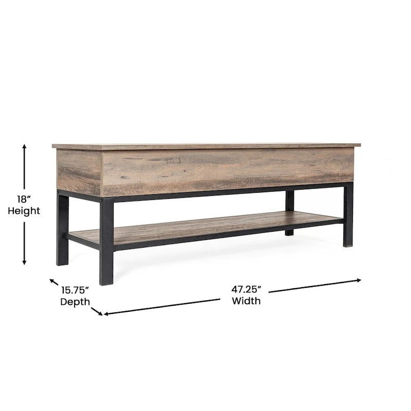 Panca contenitore con piano sollevabile – Noce / Rovere rustico / Grigio, stile rustico, 2 posti