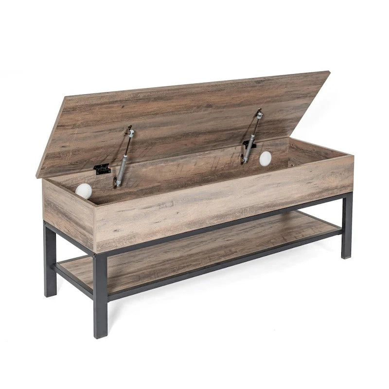 Panca contenitore con piano sollevabile – Noce / Rovere rustico / Grigio, stile rustico, 2 posti