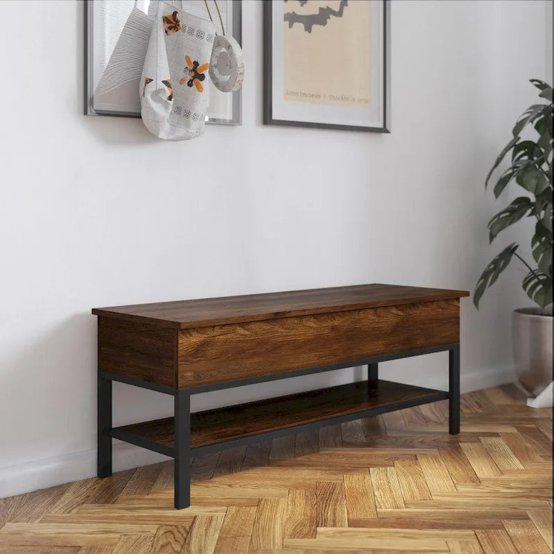 Panca contenitore con piano sollevabile – Noce / Rovere rustico / Grigio, stile rustico, 2 posti