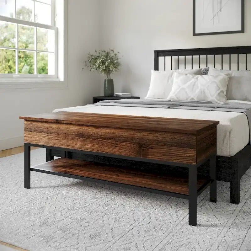 Panca contenitore con piano sollevabile – Noce / Rovere rustico / Grigio, stile rustico, 2 posti