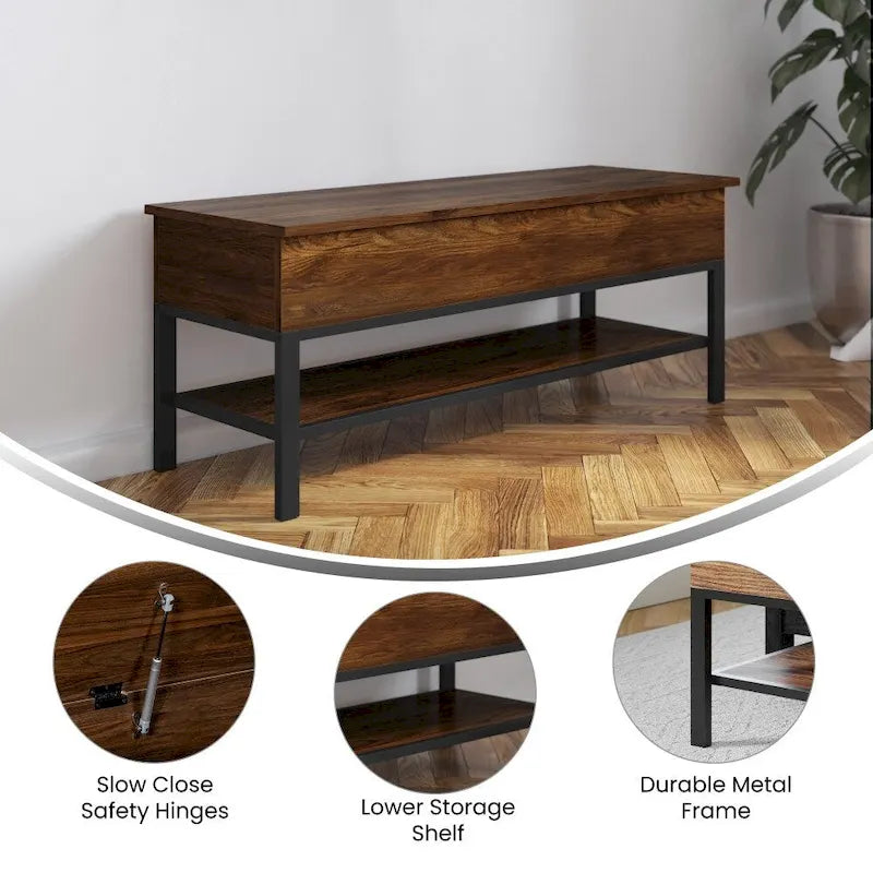 Panca contenitore con piano sollevabile – Noce / Rovere rustico / Grigio, stile rustico, 2 posti