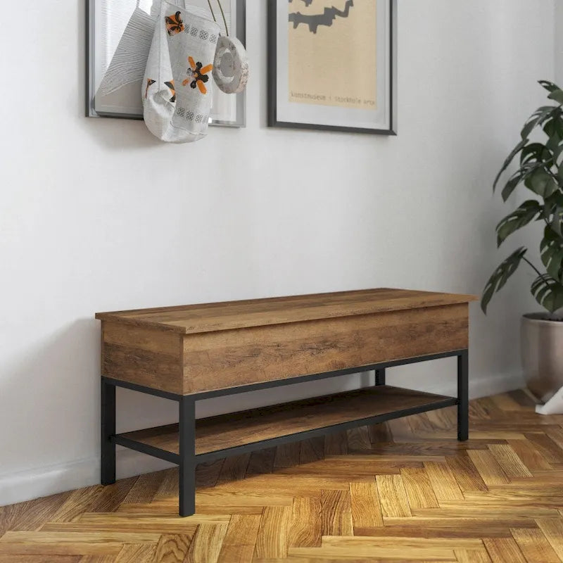 Panca contenitore con piano sollevabile – Noce / Rovere rustico / Grigio, stile rustico, 2 posti