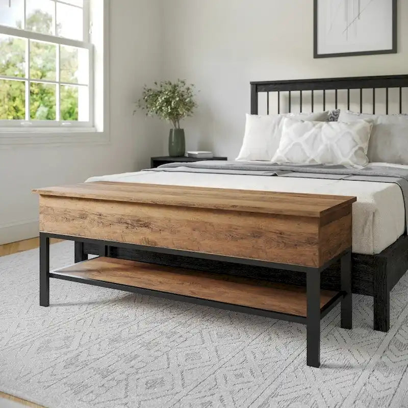 Panca contenitore con piano sollevabile – Noce / Rovere rustico / Grigio, stile rustico, 2 posti